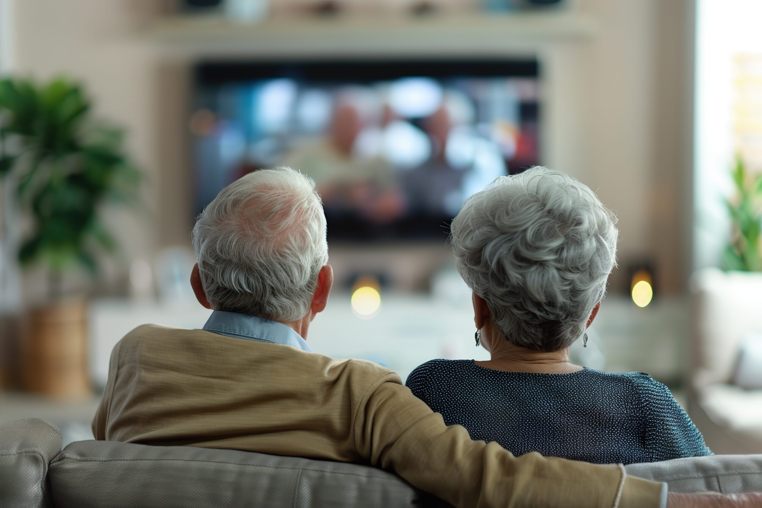 Senior couple relaxing at home while enjoying commercial entertainment technology