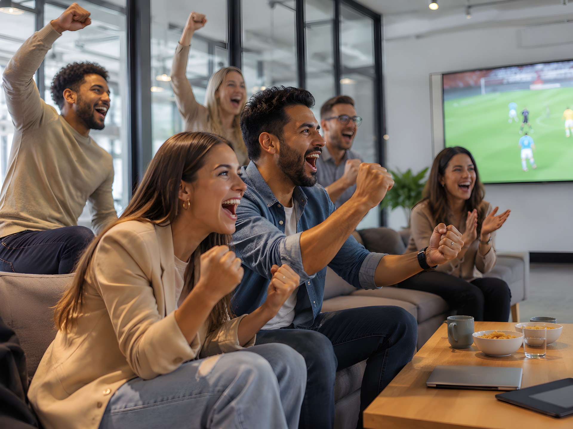 Sports bar patrons cheering while watching a football game on multiple wall-mounted commercial TVs