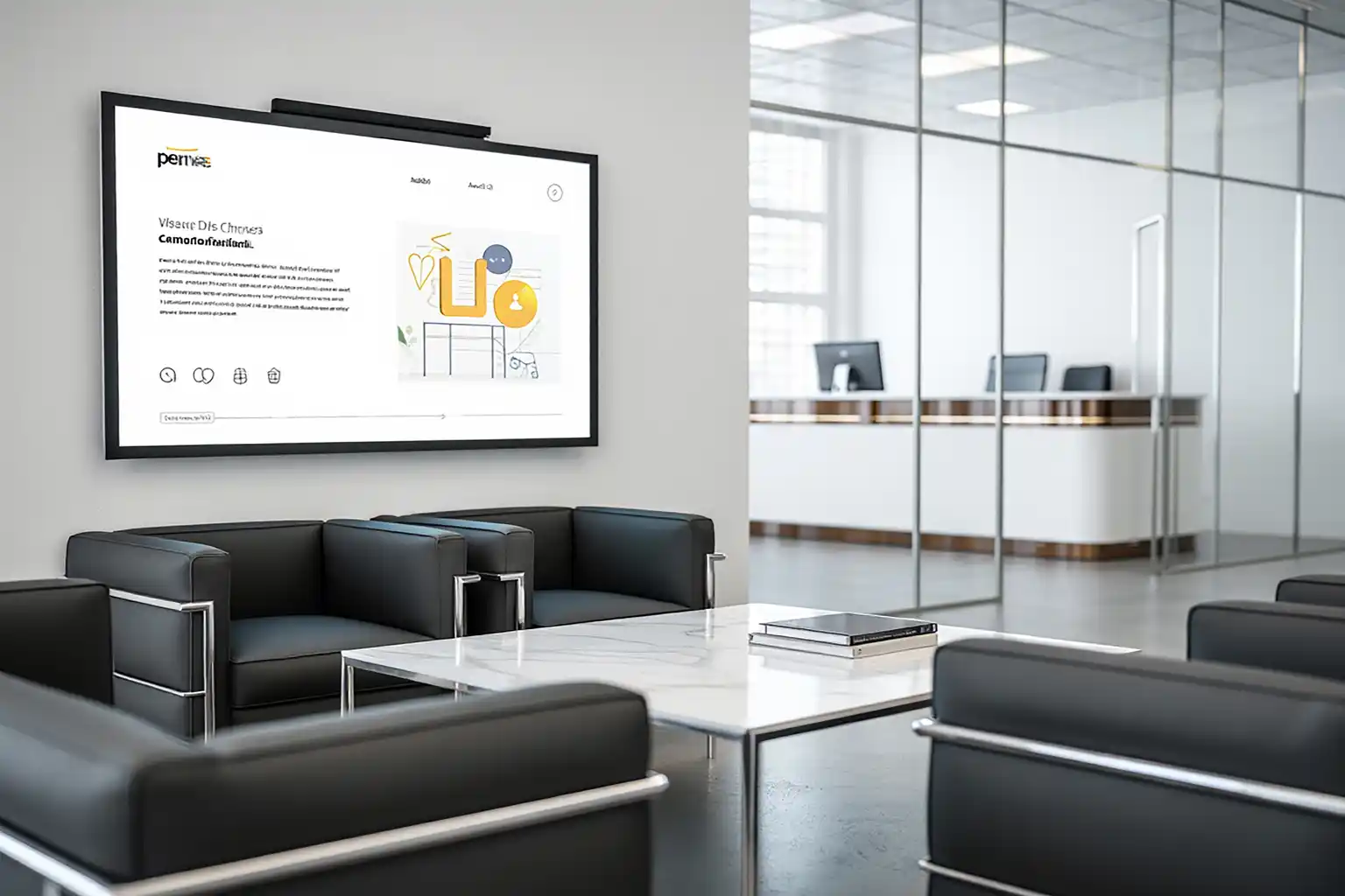 Modern government building lobby with digital signage display and secure visitor waiting area