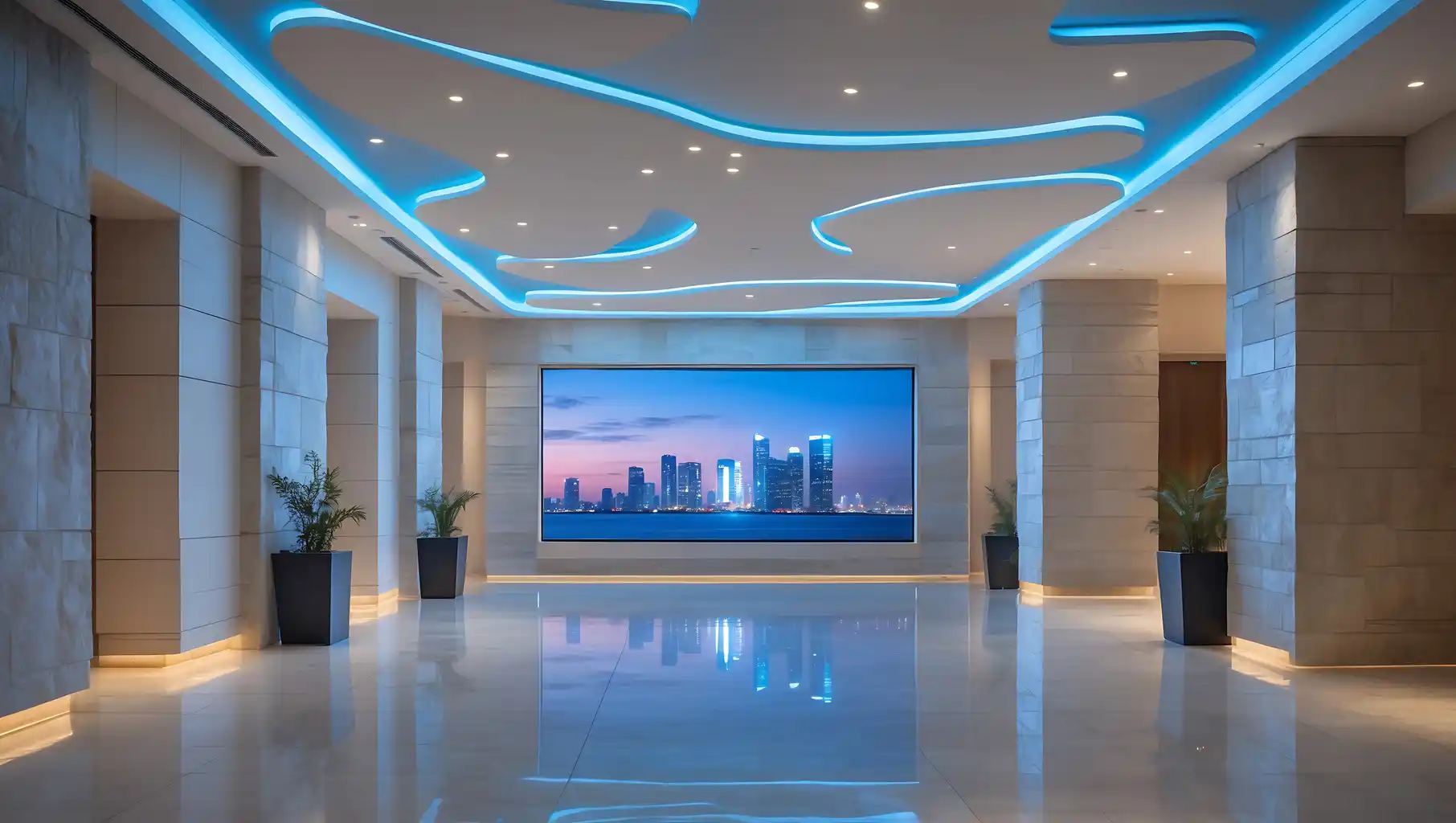 Upscale hotel lobby with a large digital video wall, ambient lighting, and guest lounge seating