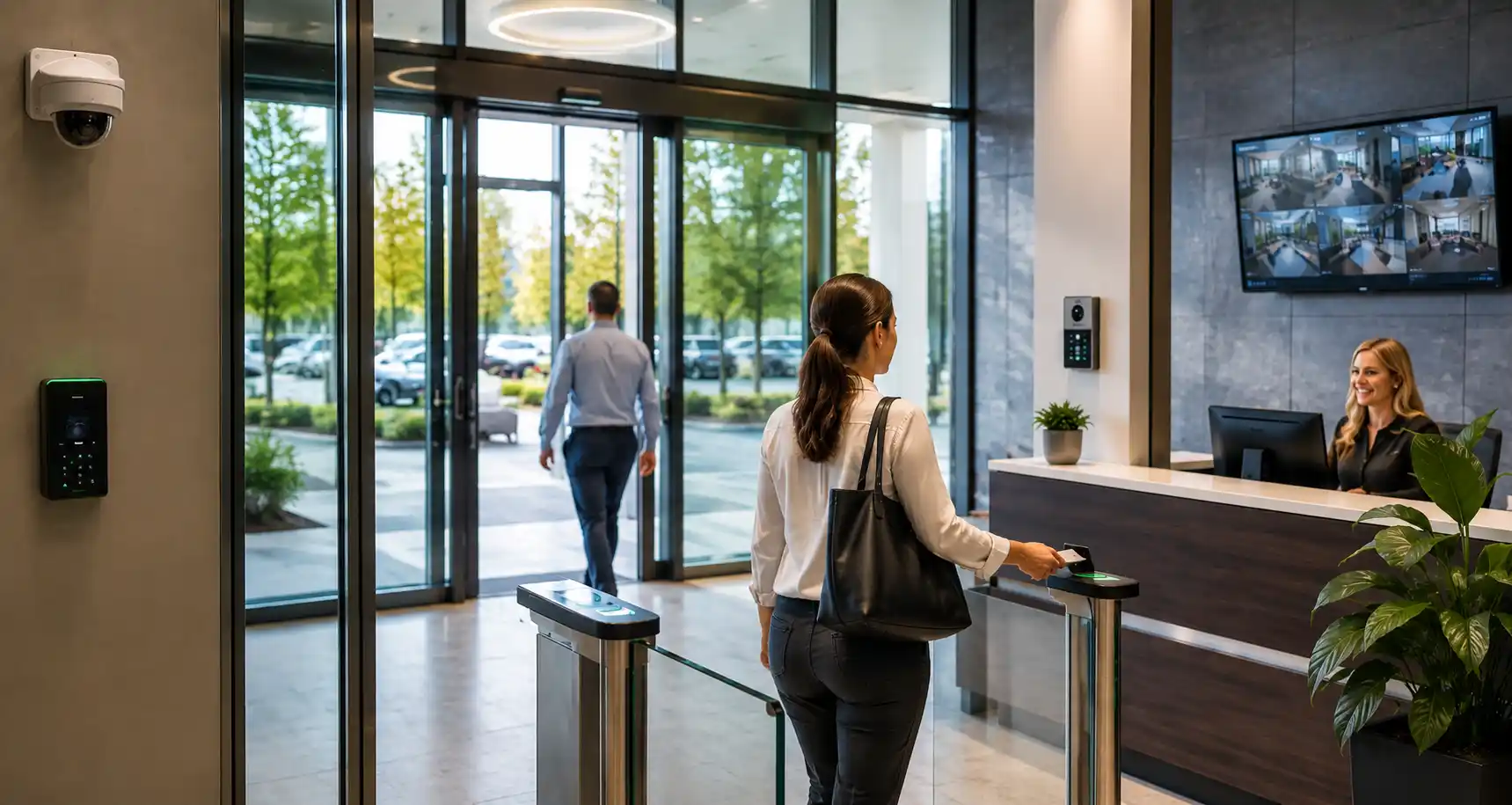 Employee using a badge access card to enter a modern commercial office lobby with video security monitoring